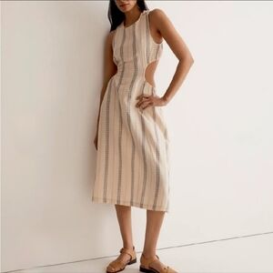 MADEWELL‎ Cream Striped Gauzy Cotton Cut Out Bodycon Midi Summer Dress SZ XXS